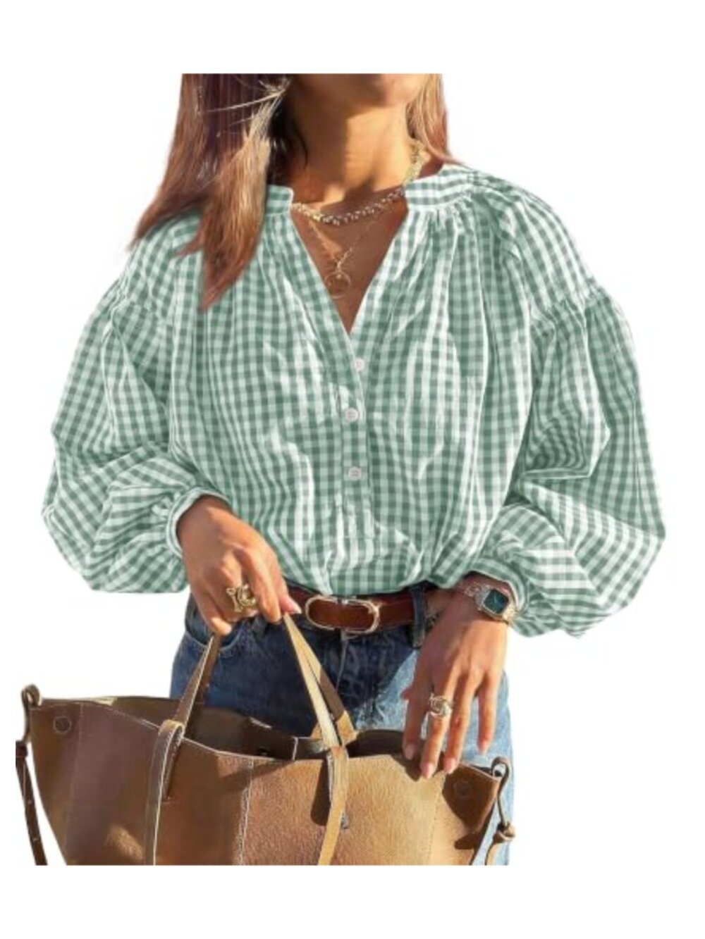 PRETTYGARDEN Women's 100% Cotton Gingham Split V-Neck Puff Sleeve Blouse